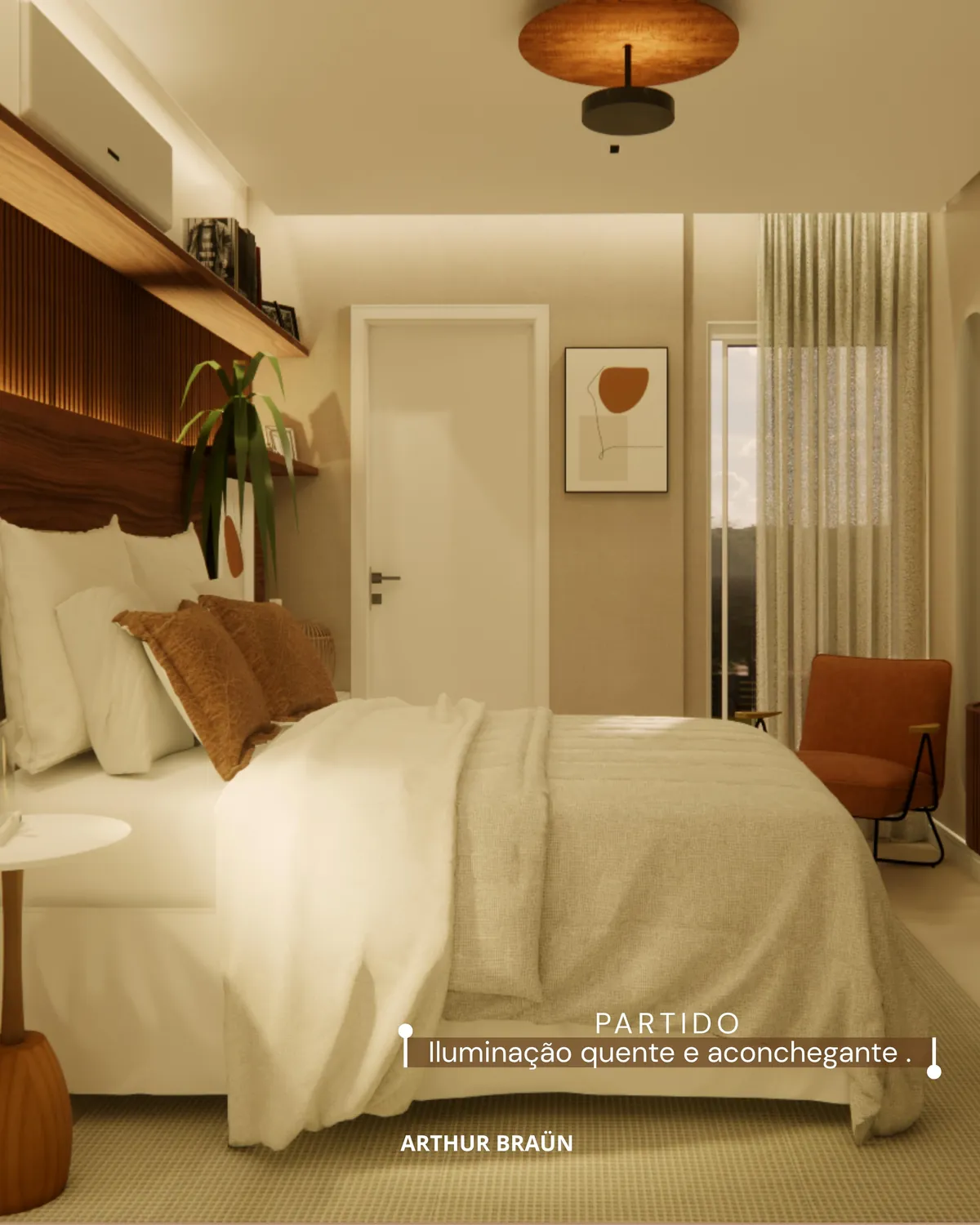 Quarto com plafon de fibra natural e fita de LED sobre a cabeceira ripada