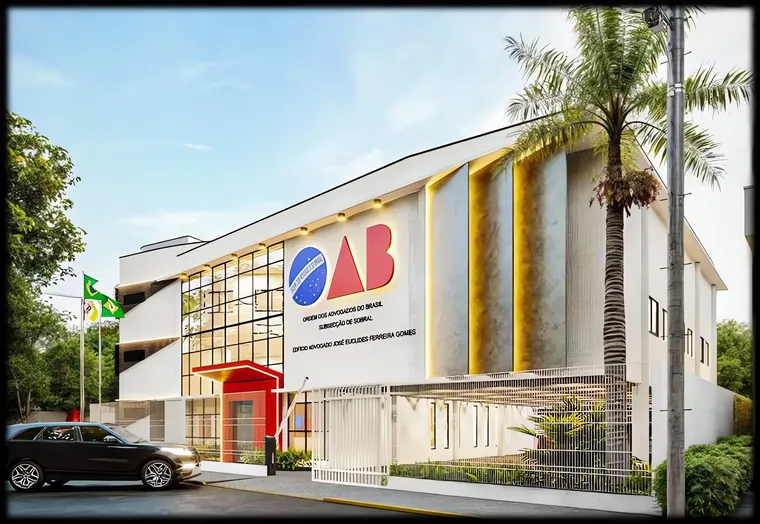 Fachada da sede da OAB Subseção Sobral, com brises amarelos, pano de vidro e acesso marcado em vermelho