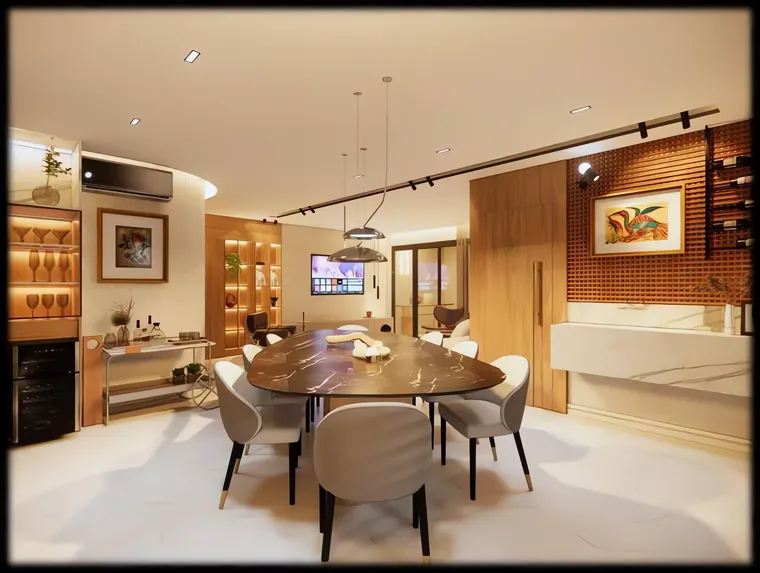Sala de jantar com mesa oval em pedra escura, adega climatizada envidraçada e parede revestida em tijolinho