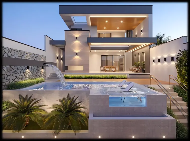 Área de lazer com piscina, cascata de parede e spa elevado, tendo ao fundo o living envidraçado da residência